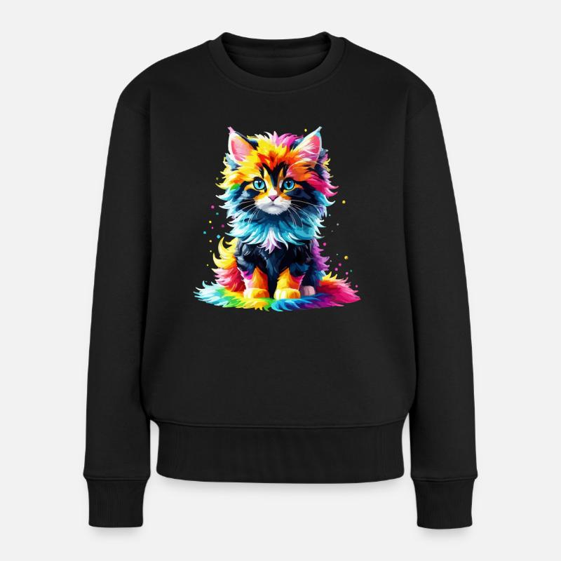 Katze Kitten Kater Regenbogen niedlich bunt süß - Frauen Premium Bio Pullover - Schwarz