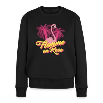 Flemme en Rose, Flamant Rose - Jeu de mots Humour - Pull Premium bio Femme - noir - Devant - Julia (174cm)