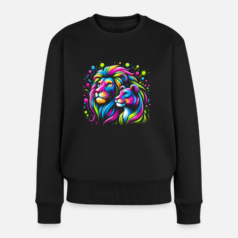 Löwe und Löwin Kunst Tierliebhaber Bunt Löwe - Frauen Premium Bio Pullover - Schwarz