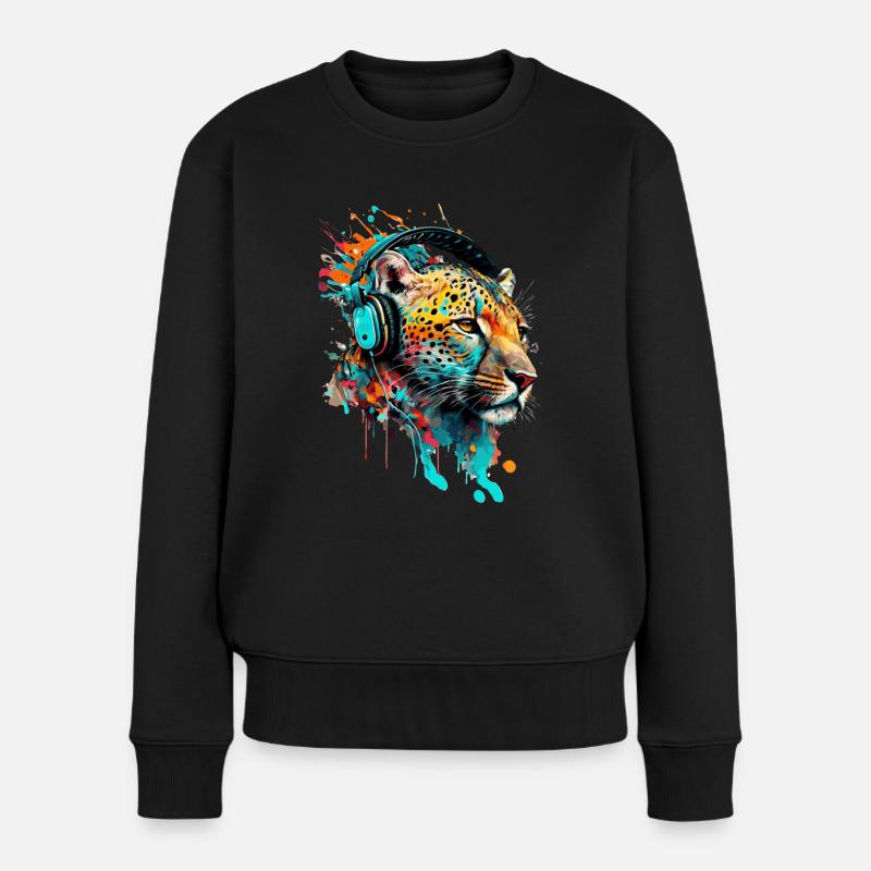 Leopard mit Kopfhörern DJ - Frauen Premium Bio Pullover - Schwarz