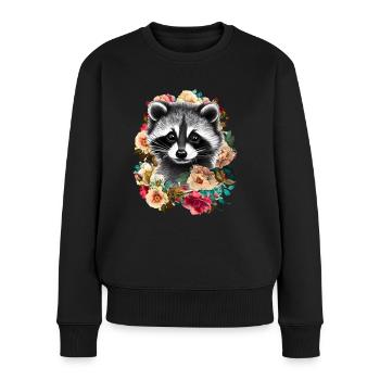 Waschbär Blumen - Frauen Premium Bio Pullover - Schwarz - Vorne - Julia (174cm)
