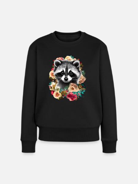 Waschbär Blumen - Frauen Premium Bio Pullover - Schwarz