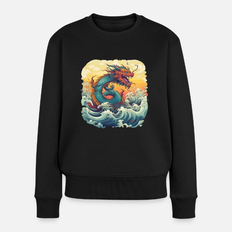 Asiatisch Drache Anime Japanisch Meer Wellen - Frauen Premium Bio Pullover - Schwarz