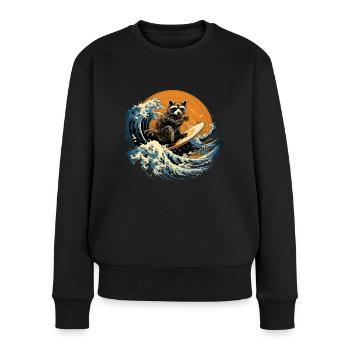 Waschbär Surfer Lustig Geschenk - Frauen Premium Bio Pullover - Schwarz - Vorne - Julia (174cm)