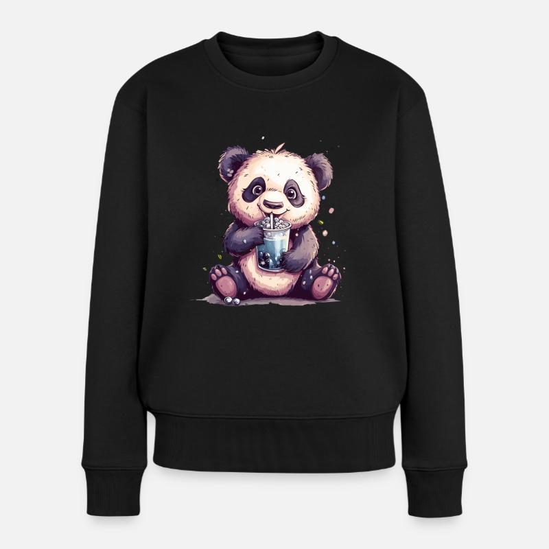 Niedlicher Panda mit Tee - Frauen Premium Bio Pullover - Schwarz