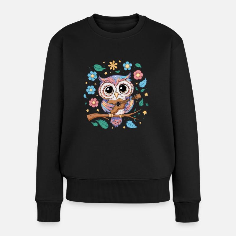 Niedliche Eule Vogel Federn Blumen Gitarre - Frauen Premium Bio Pullover - Schwarz