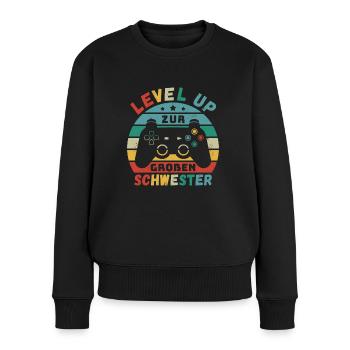 Level Up zur Großen Schwester Geburt Schwanger - Frauen Premium Bio Pullover - Schwarz - Vorne - Julia (174cm)