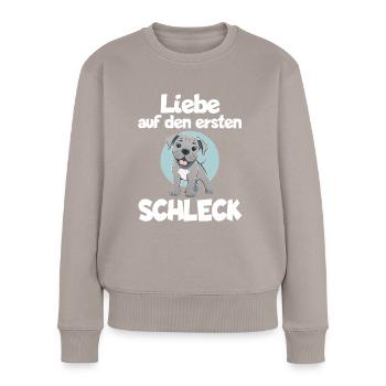 Hundeliebe Es war Liebe auf den ersten Schleck - Frauen Premium Bio Pullover - Taupe - Vorne - Julia (174cm)