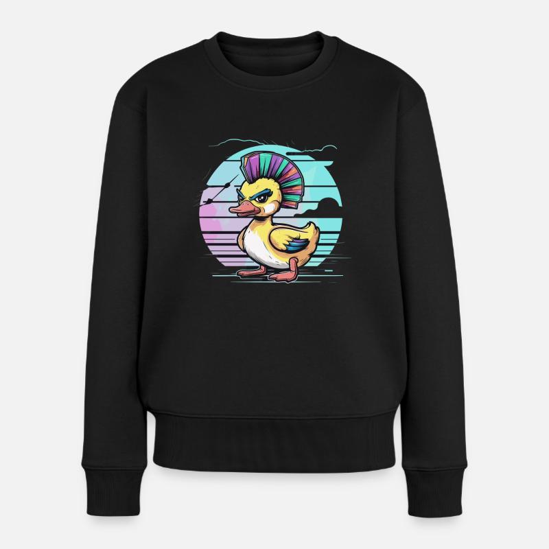 Punk-Ente Mit Regenbogen Irokesenschnitt Vor - Frauen Premium Bio Pullover - Schwarz