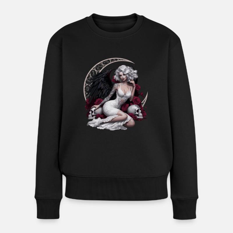 Dunkler Engel Mit Rosen Und Schädel - Frauen Premium Bio Pullover - Schwarz