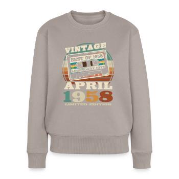 Born in April 1958 - 65 years old - Women's Premium Organic Jumper - taupe - Front - Julia (174cm)