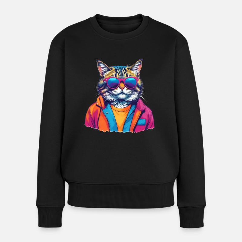 MADFOXX - Cool Colorful Cat - Frauen Premium Bio Pullover - Schwarz