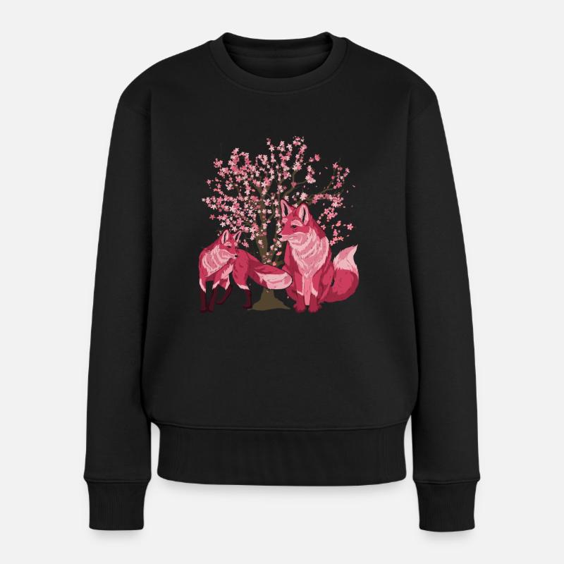 Sakura Baum Wald Tier Geschenk Kirschblüten Fuchs - Frauen Premium Bio Pullover - Schwarz