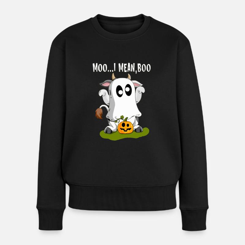 Kuh verkleidet als Gespenst feiert Happy Halloween - Frauen Premium Bio Pullover - Schwarz