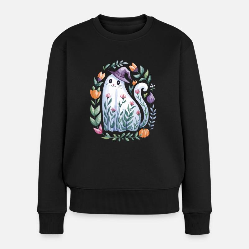 Halloween Geisterkatze Mit Hexenhut Und Blüten - Frauen Premium Bio Pullover - Schwarz