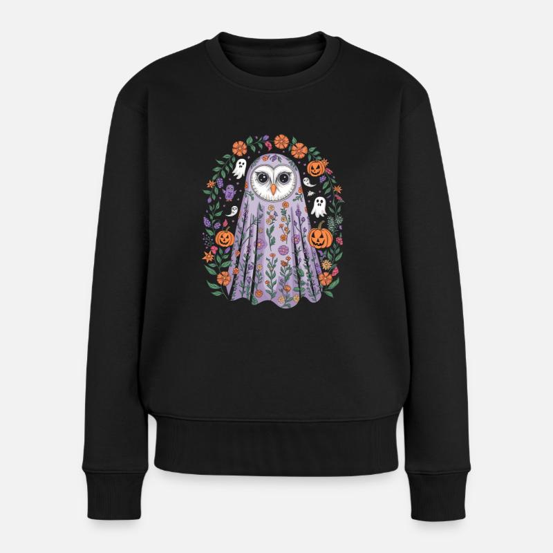 Halloween Eule Mit Blumen Und Kürbissen - Frauen Premium Bio Pullover - Schwarz