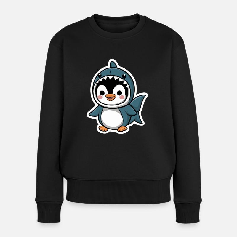 Niedlicher Pinguin Im Hai-Kostüm - Frauen Premium Bio Pullover - Schwarz