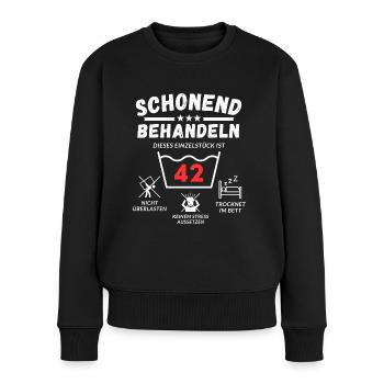 Schonend behandeln - dieses Einzelstück ist 42 - Frauen Premium Bio Pullover - Schwarz - Vorne - Julia (174cm)