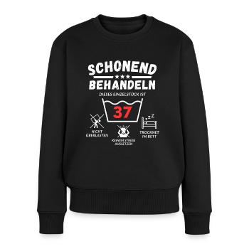 Schonend behandeln - dieses Einzelstück ist 37 - Frauen Premium Bio Pullover - Schwarz - Vorne - Julia (174cm)