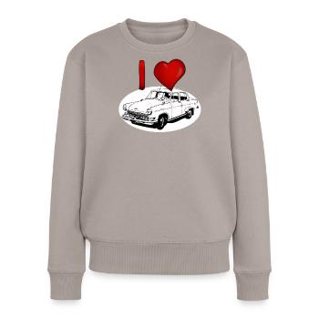 Herzliebe für Oldtimer Wolga M21 - Frauen Premium Bio Pullover - Taupe - Vorne - Julia (174cm)