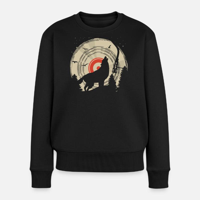 Howling Wolf Vinyl Moon DJ T-Shirt-Design - Frauen Premium Bio Pullover - Schwarz