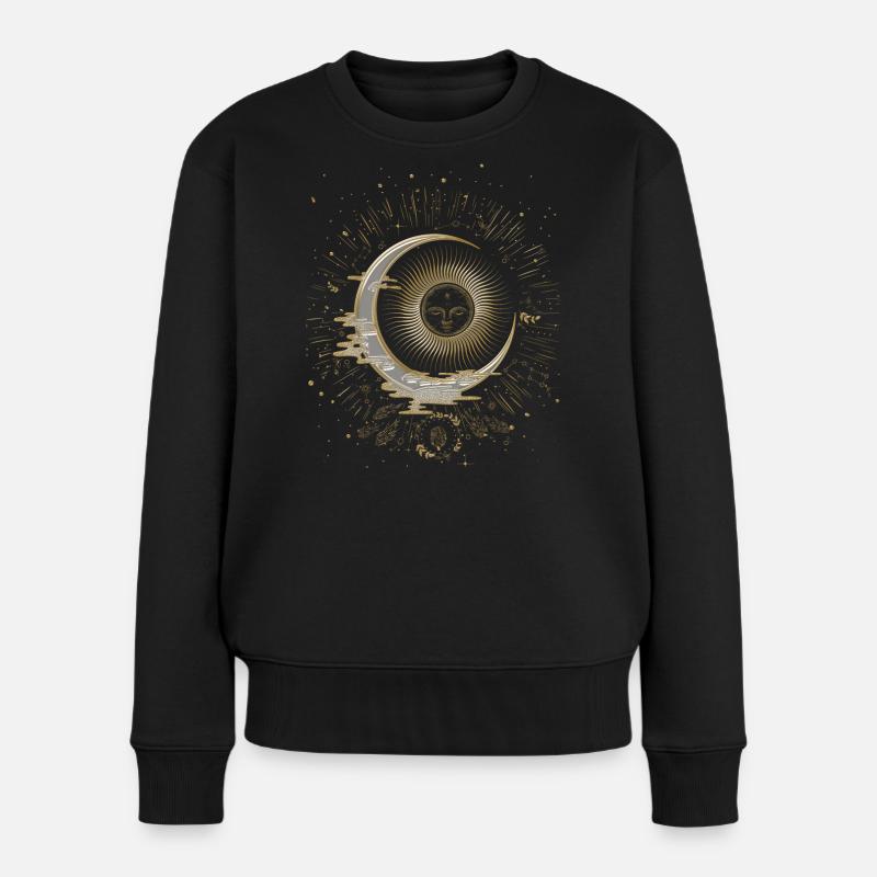 Die Sonne und der Mond mit Sternen - Frauen Premium Bio Pullover - Schwarz