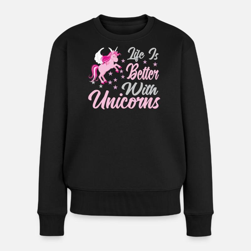 Leben ist besser mit Einhörnern - Frauen Premium Bio Pullover - Schwarz
