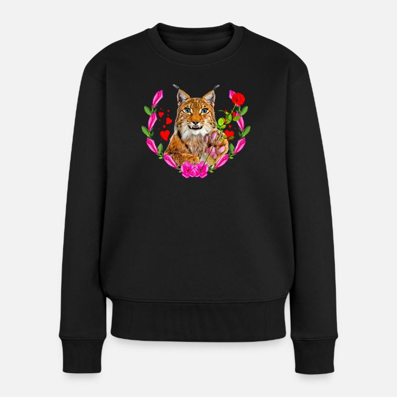 Luchs Katze mit Rose für die Liebe - Frauen Premium Bio Pullover - Schwarz
