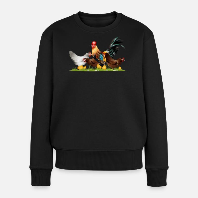 stattlicher Hahn mit Hühner auf dem Hühnerhof - Frauen Premium Bio Pullover - Schwarz