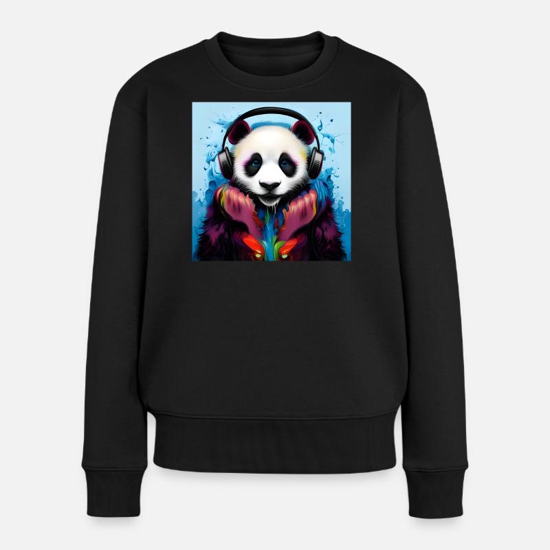 Panda mit Neon Kopfhörern - Frauen Premium Bio Pullover - Schwarz