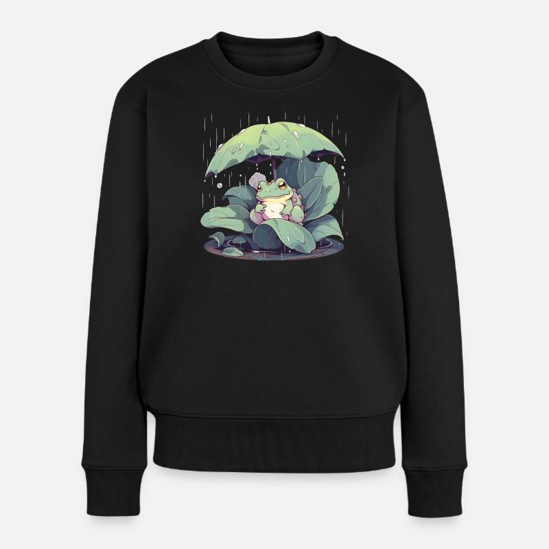 Frosch unter dem Schirm zwischen den Blättern - Frauen Premium Bio Pullover - Schwarz
