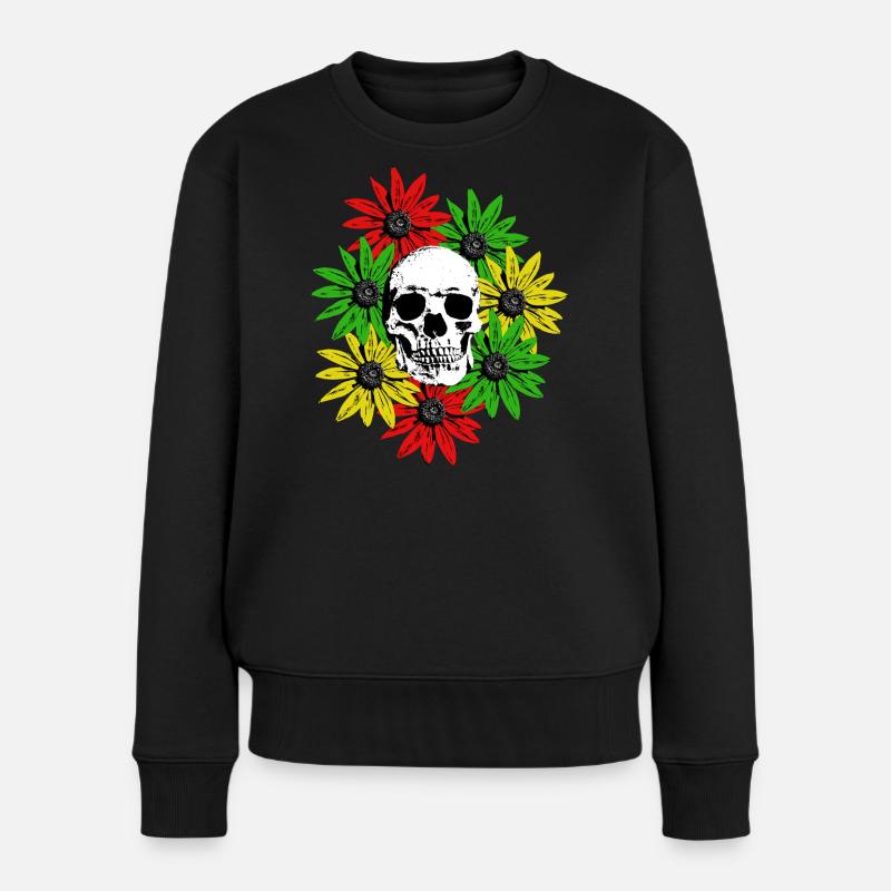 Blumen gerahmter Totenkopf - Frauen Premium Bio Pullover - Schwarz