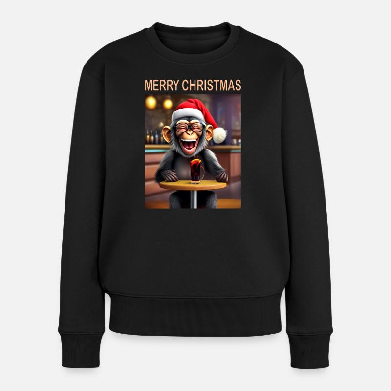 Affe feiert Weihnachten mit Mütze und Getränk - Frauen Premium Bio Pullover - Schwarz