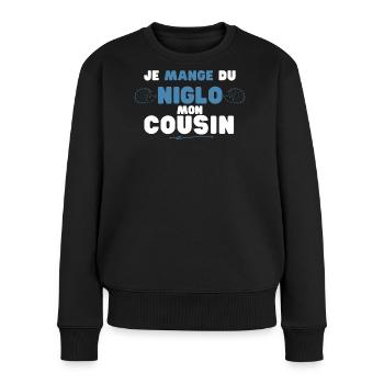 Niglo Cousin : Humour Hérisson Bleu - Pull Premium bio Femme - noir - Devant - Julia (174cm)