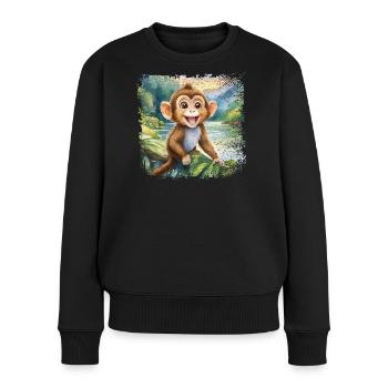 Niedlicher junger Affe, fröhlich am Fluss - Frauen Premium Bio Pullover - Schwarz - Vorne - Julia (174cm)