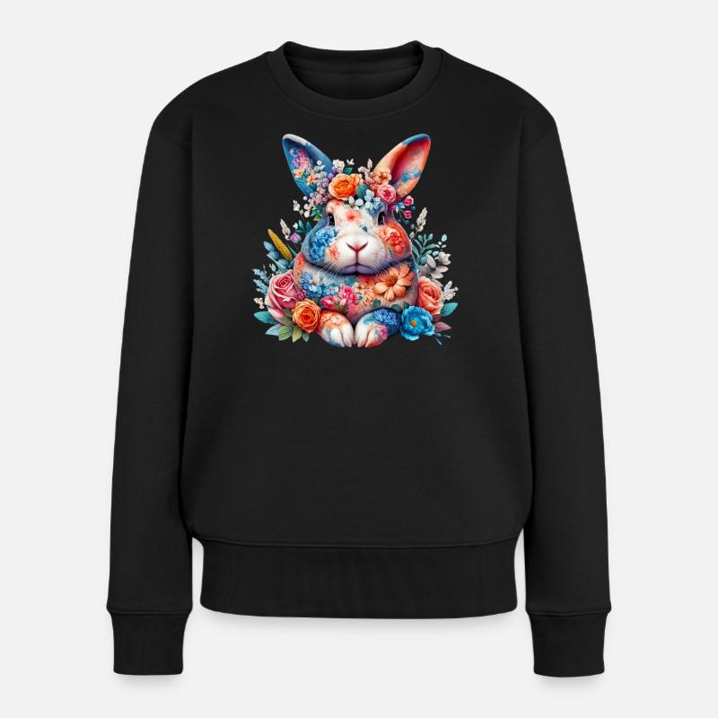 Hase mit Blumen geschmückt - Frauen Premium Bio Pullover - Schwarz