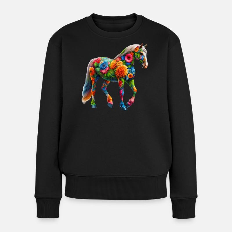 Pferd mit Blumen geschmückt - Frauen Premium Bio Pullover - Schwarz