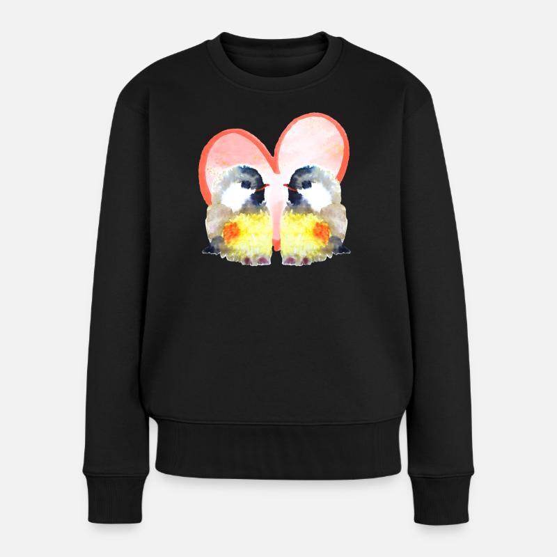 Verliebte Vögel mit Herz - Aquarellfarben  - Frauen Premium Bio Pullover - Schwarz