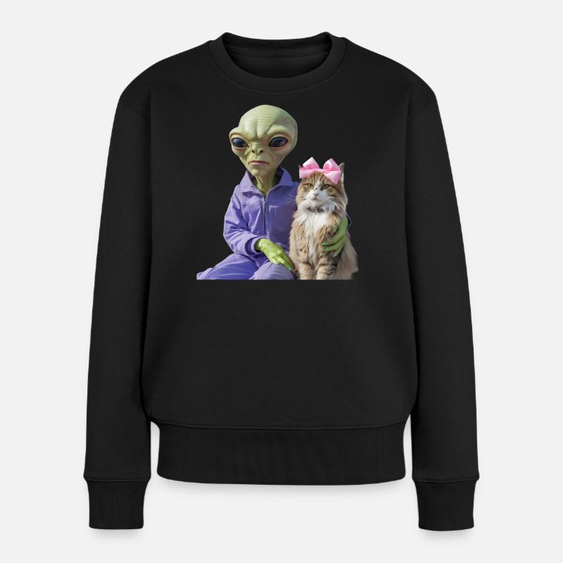 Alien und Katze – Galaktische Liebe - Frauen Premium Bio Pullover - Schwarz