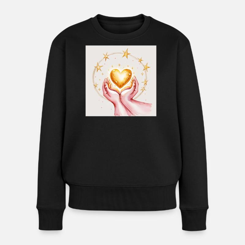Goldenes Herz im Schutz der Hände - Frauen Premium Bio Pullover - Schwarz
