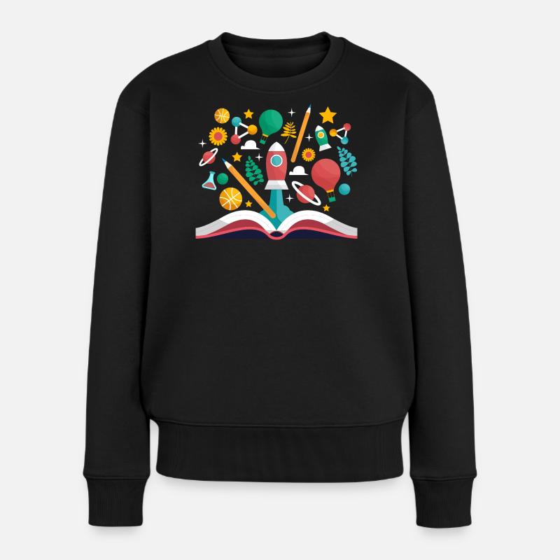 Offenes Buch mit Schulobjekten, Lernen und Pädagogik - Frauen Premium Bio Pullover - Schwarz