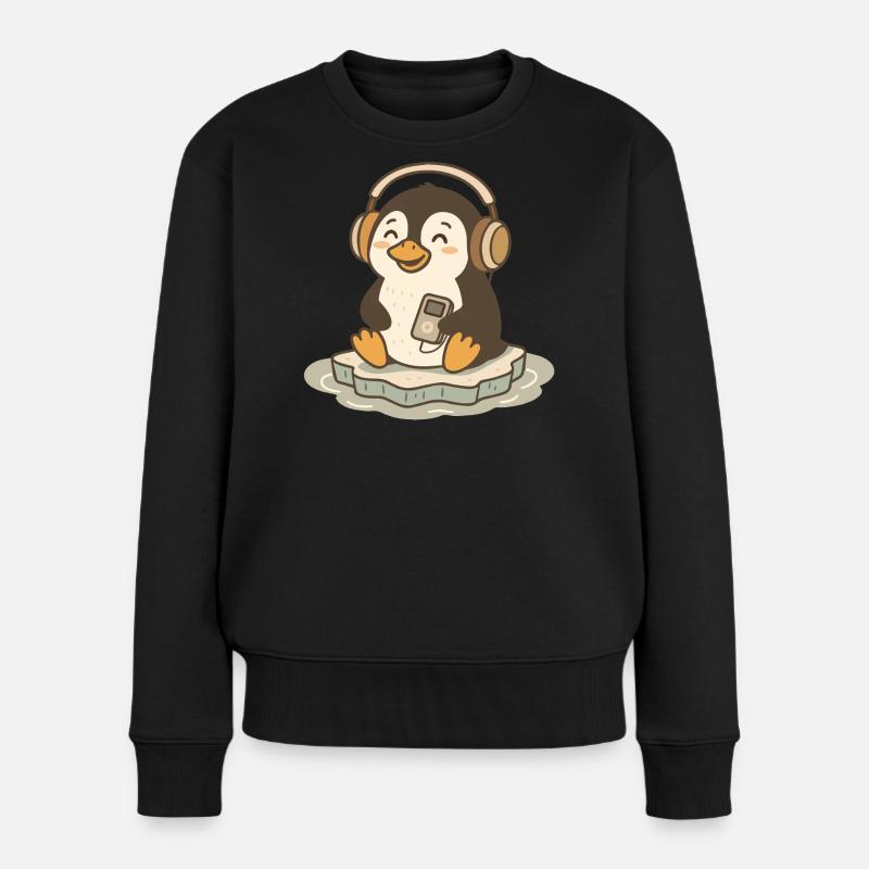 Musikliebender niedlicher Pinguin mit Kopfhörern - Frauen Premium Bio Pullover - Schwarz
