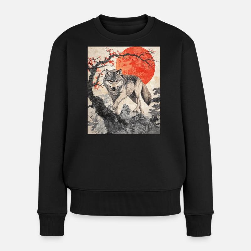 Wolf Japan Mount Fuji Yama Japan Tempel Schrein - Frauen Premium Bio Pullover - Schwarz