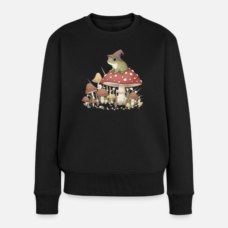 Mushroom-Zauberer mit Frosch - Frauen Premium Bio Pullover - Schwarz