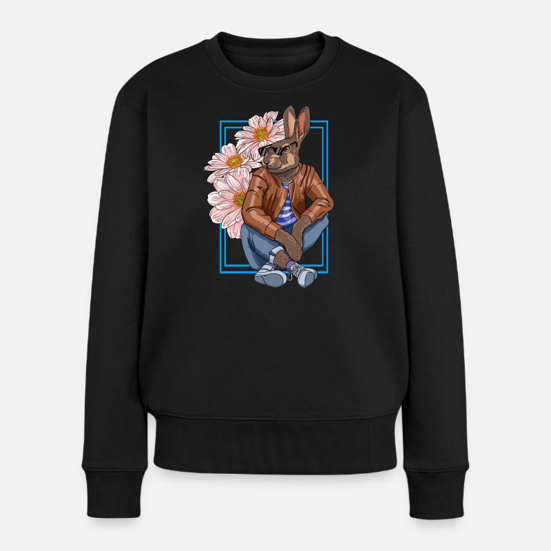 Stylischer Hasen-Charakter mit Blumen - Frauen Premium Bio Pullover - Schwarz