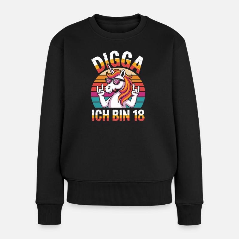  Digga Ich Bin 18 Einhorn Retro Geburtstag Spruch - Frauen Premium Bio Pullover - Schwarz
