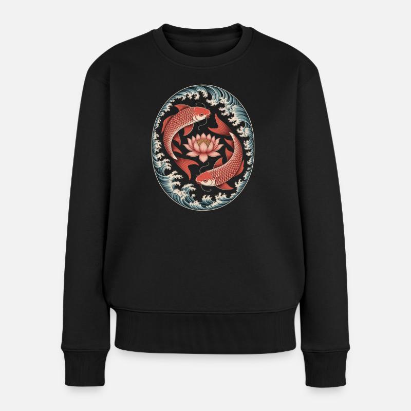 Poisson koï et fleur de lotus dans l’art des vagues - Pull Premium bio Femme - noir