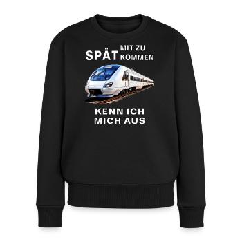 ZUG MIT ZU SPÄT KOMMEN KENN ICH MICH AUS - Frauen Premium Bio Pullover - Schwarz - Vorne - Julia (174cm)
