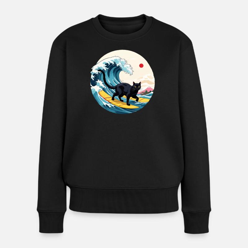 Black Cat Surfing Welle - Frauen Premium Bio Pullover - Schwarz