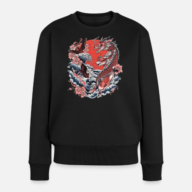 Koi, Wellen und Kirschblüte - Frauen Premium Bio Pullover - Schwarz